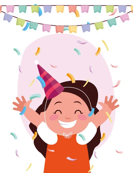 Chica de dibujos animados con feliz cumpleaños sombrero de diseño de vectores — Vector de stock