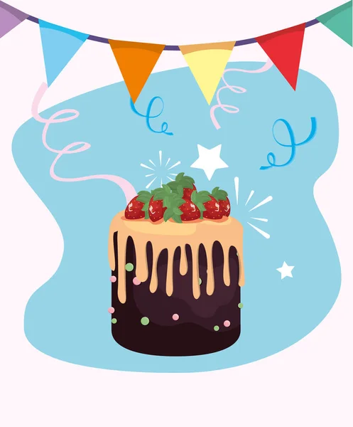 Happy birthday cake and banner pennant vector design — Stock Vector