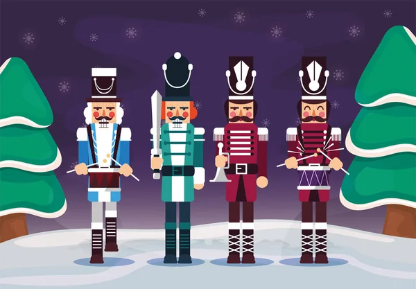 Merry christmas nutcrackers and pine trees vector design — 스톡 벡터