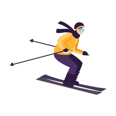 Beyaz arka planda kışın spor yapan bir adam.