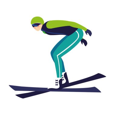 Beyaz arka planda kışın spor yapan bir adam.