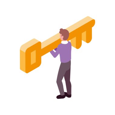 Beyaz arka planda altın anahtarı olan iş adamı