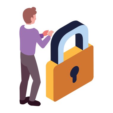 Beyaz arkaplanda asma kilit olan iş adamı