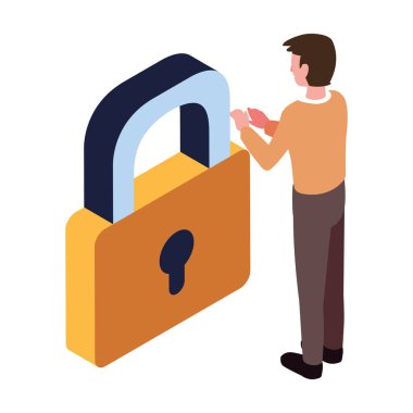 Beyaz arkaplanda asma kilit olan iş adamı