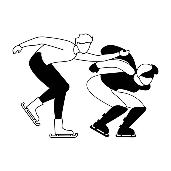 Пара людей, практикующих катание на коньках зимой на белом фоне — стоковый вектор