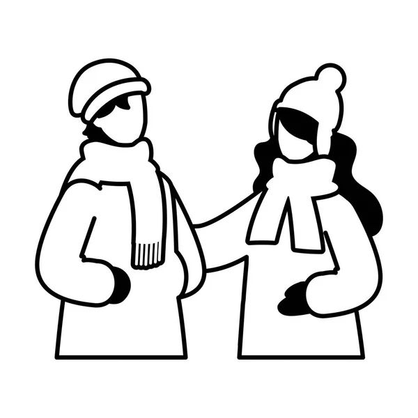 Coppia di persone con abiti invernali su sfondo bianco — Vettoriale Stock