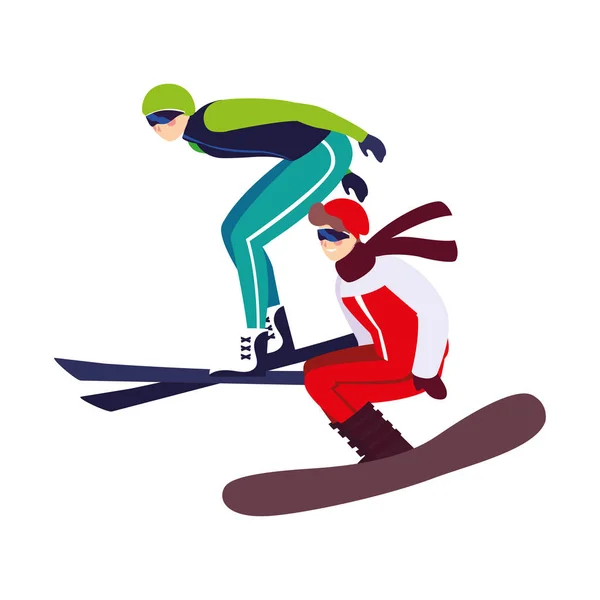 Hommes pratiquant le sport extrême hiver sur fond blanc — Image vectorielle