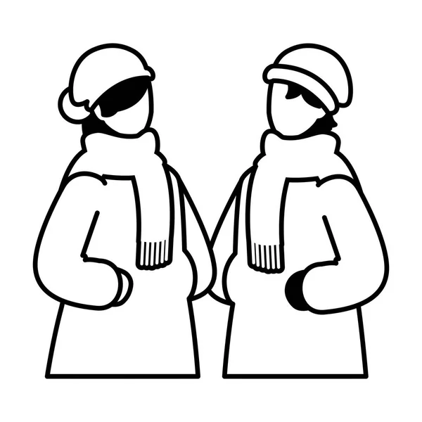 Pareja de personas con ropa de invierno sobre fondo blanco — Vector de stock