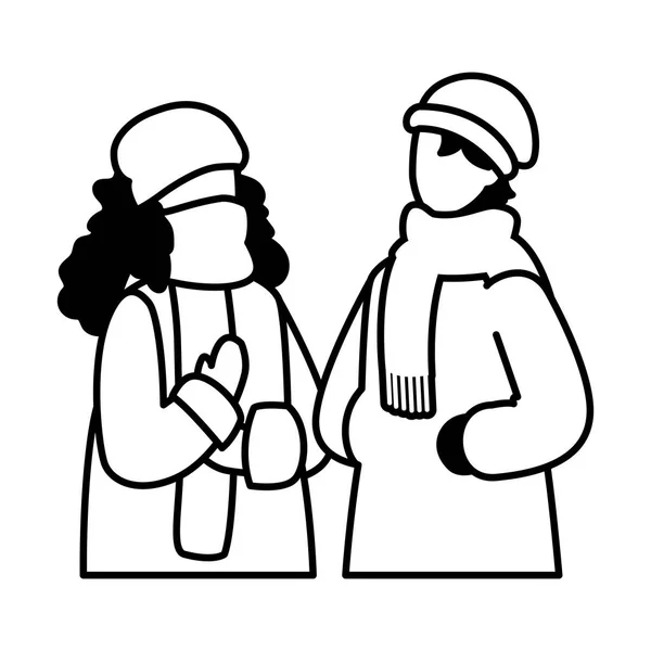 Pareja de personas con ropa de invierno sobre fondo blanco — Vector de stock