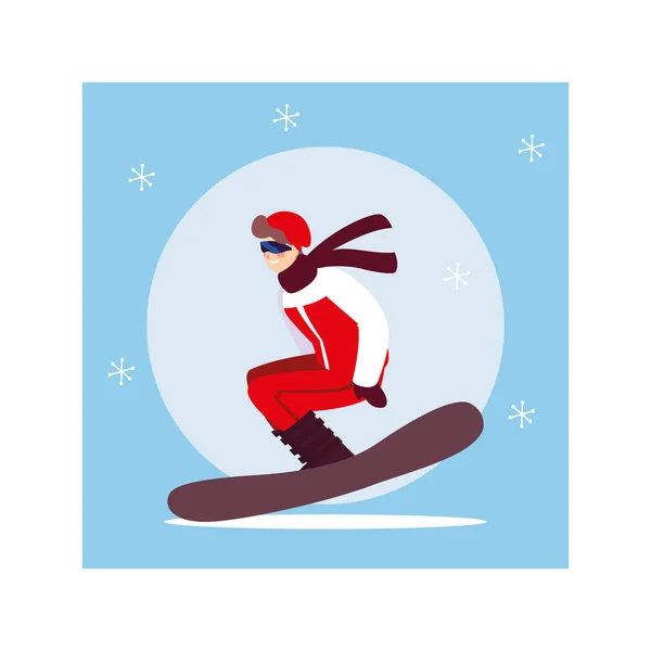 Joven practicando snowboard, deporte extremo de invierno — Vector de stock