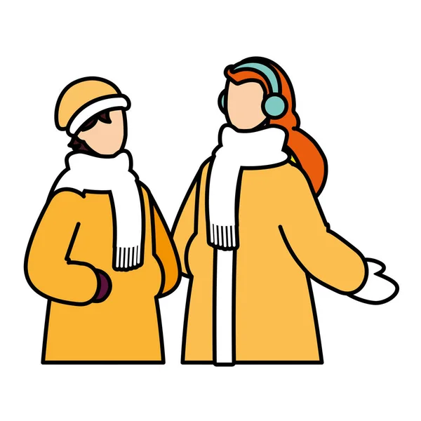 Paar mensen met winterkleding op witte achtergrond — Stockvector