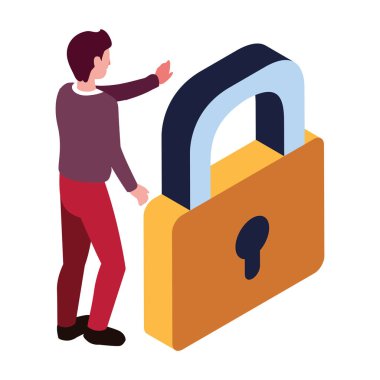 Beyaz arkaplanda asma kilit olan iş adamı