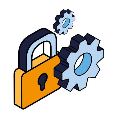 Beyaz arka planda dişli çarklı güvenlik kilidi