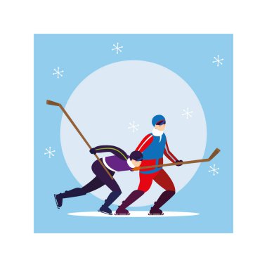 Hokey oynayan erkekler, hokey sopalı hokey oyuncuları, buz hokeyi diski
