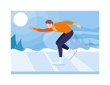 Adam kış manzarasıyla artistik patinaj yapıyor.