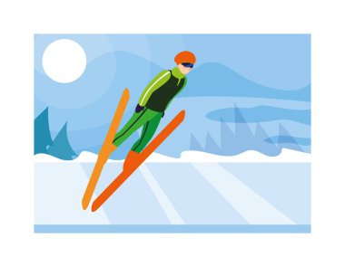 Kış manzarasında dağ kayağı yapan bir adam