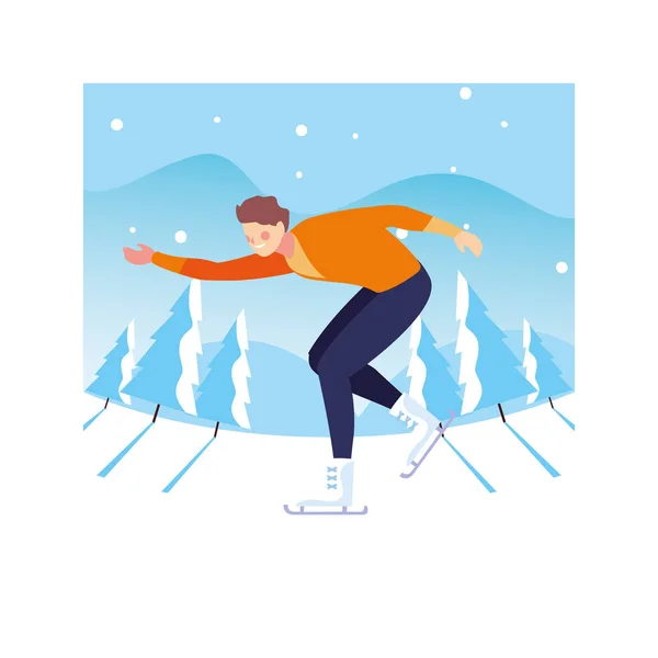 Hombre practicando patinaje artístico con paisaje de invierno — Vector de stock