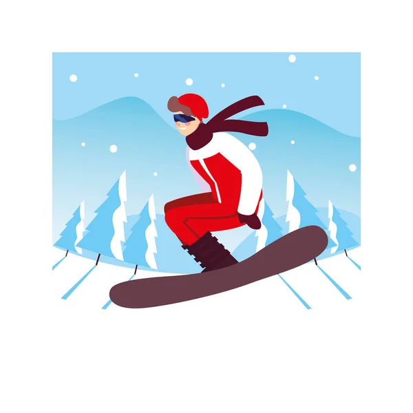 Hombre practicando snowboard en paisaje de invierno — Vector de stock