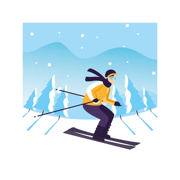 Hombre con esquí de montaña en el paisaje con nevadas — Vector de stock