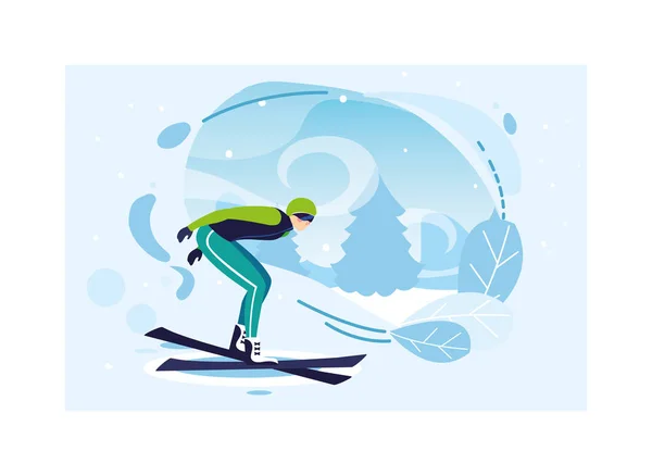 Hombre con esquí de montaña en el paisaje de invierno — Archivo Imágenes Vectoriales