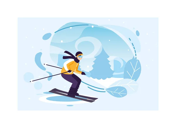 Homme avec ski de montagne dans le paysage avec chutes de neige — Image vectorielle