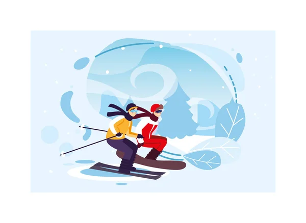 Hommes pratiquant des sports extrêmes de l'hiver — Image vectorielle