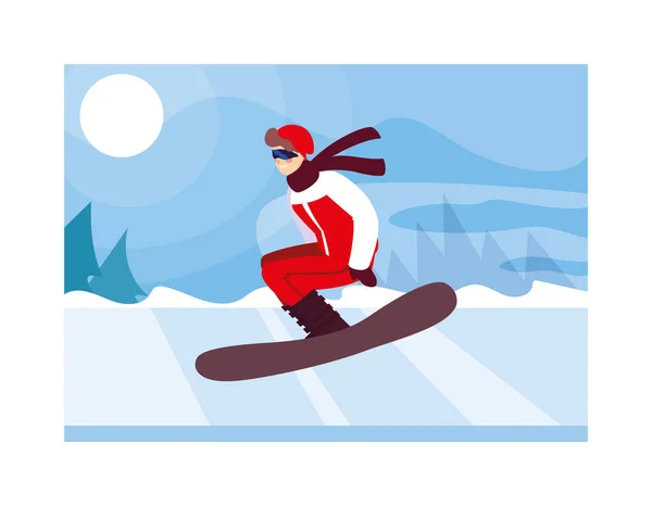 Homme pratiquant le snowboard dans le paysage de l'hiver — Image vectorielle