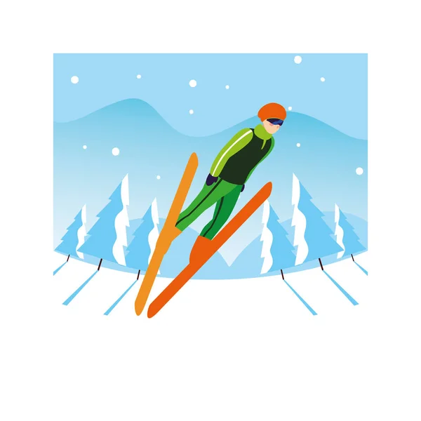 Man with mountain ski in landscape of winter — Stock Vector