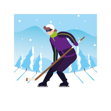 Hokey oynayan adam, hokey sopalı hokey oyuncusu, buz hokeyi diski