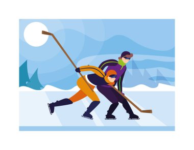 Hokey oynayan erkekler, hokey sopalı hokey oyuncuları, buz hokeyi diski