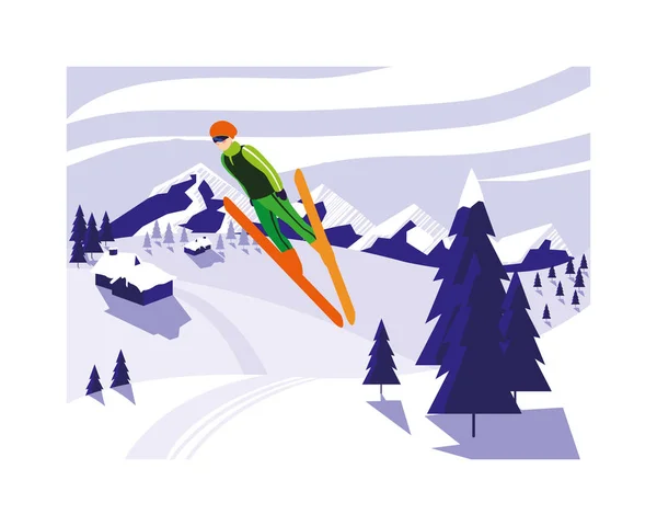 Muž s horskými lyžemi v krajině zimy — Stockový vektor