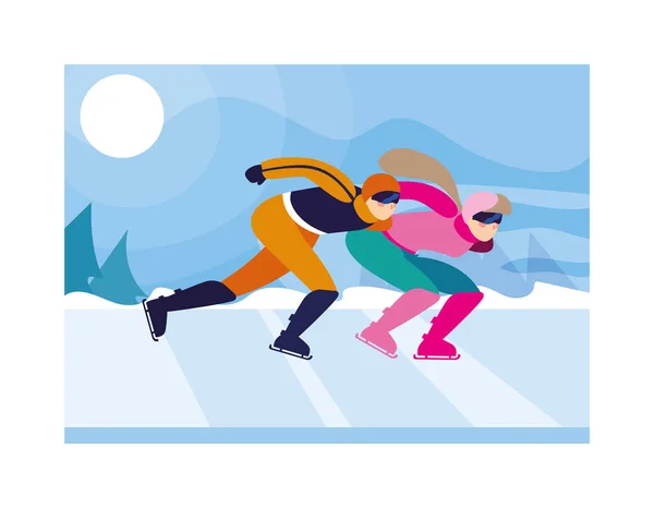 Couple of people practicing speed skating — Stock Vector