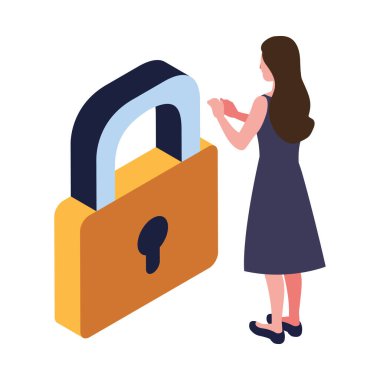 Beyaz arka planda asma kilitli iş kadını