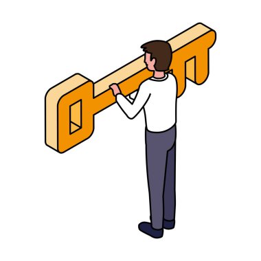 Beyaz arka planda altın anahtarı olan iş adamı