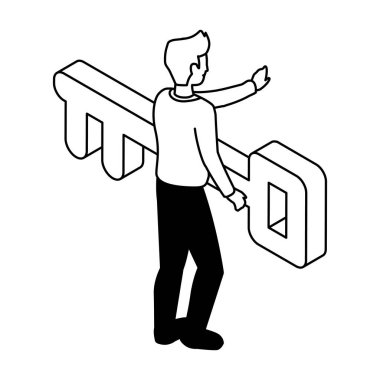 Beyaz arkaplanda anahtarı olan iş adamı