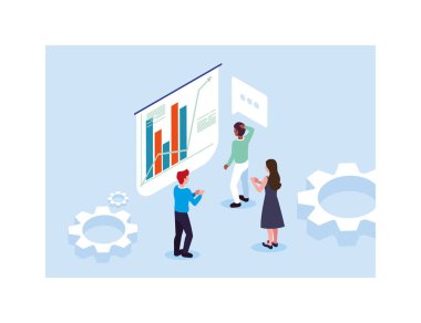 Önünde grafikleri olan bir grup insan, iş çalışma süreçleri ve beyin fırtınası