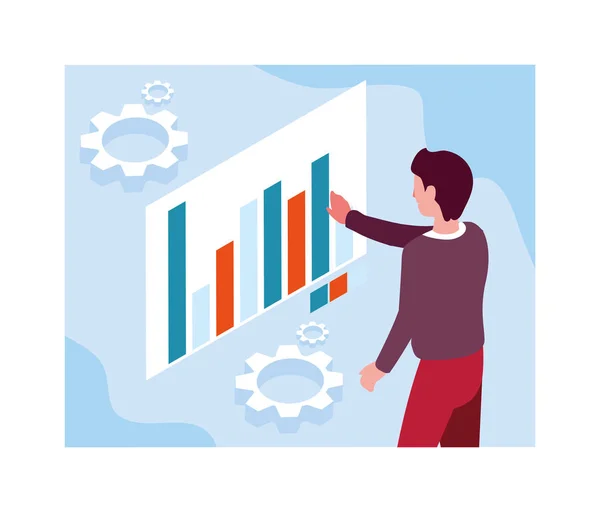 Homem com gráficos na frente, processos de trabalho de negócios —  Vetores de Stock