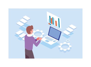 Adam dizüstü bilgisayarın önünde çalışıyor.