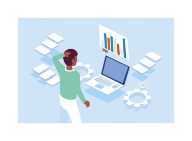 Adam dizüstü bilgisayarın önünde çalışıyor.