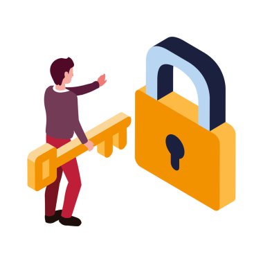 Beyaz arka planda güvenlik kilidi ve anahtarı olan adam.