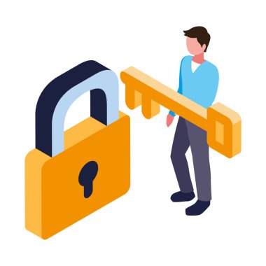 Beyaz arka planda güvenlik kilidi ve anahtarı olan adam.