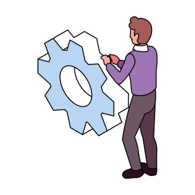 Beyaz arka planda vites dişlisi olan adam.