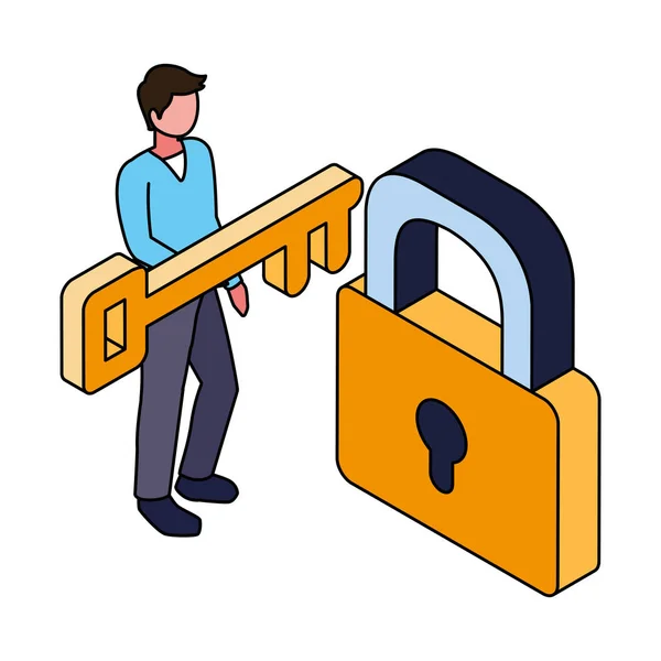 Man with security padlock and key on white background — Stock Vector