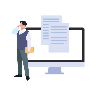 Beyaz arkaplanda bilgisayar ekranı olan iş adamı