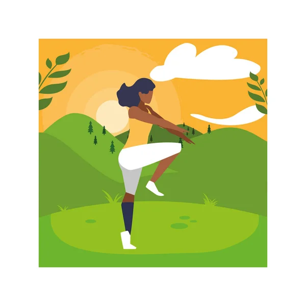 Frau im Freien praktiziert Yoga mit Hintergrundlandschaft — Stockvektor