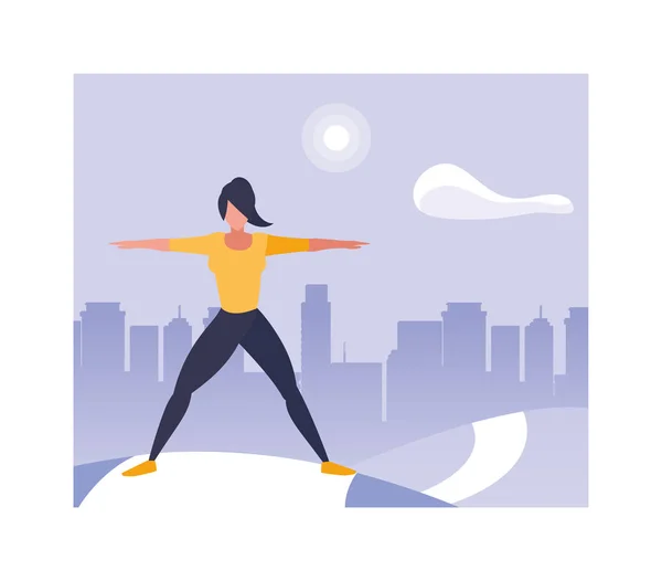 Frau praktiziert Yoga im Park in der Stadt — Stockvektor