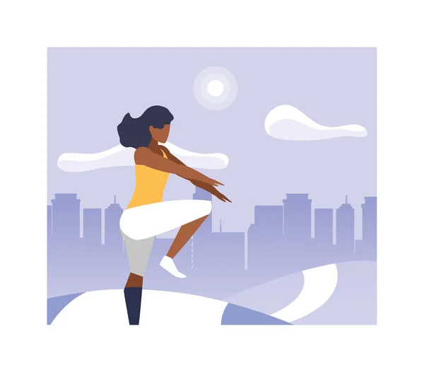 Femme en plein air pratiquant le yoga dans le parc de la ville — Image vectorielle