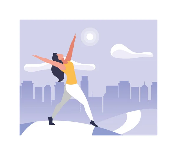 Жінка на відкритому повітрі практикує йогу в парку в місті — стоковий вектор