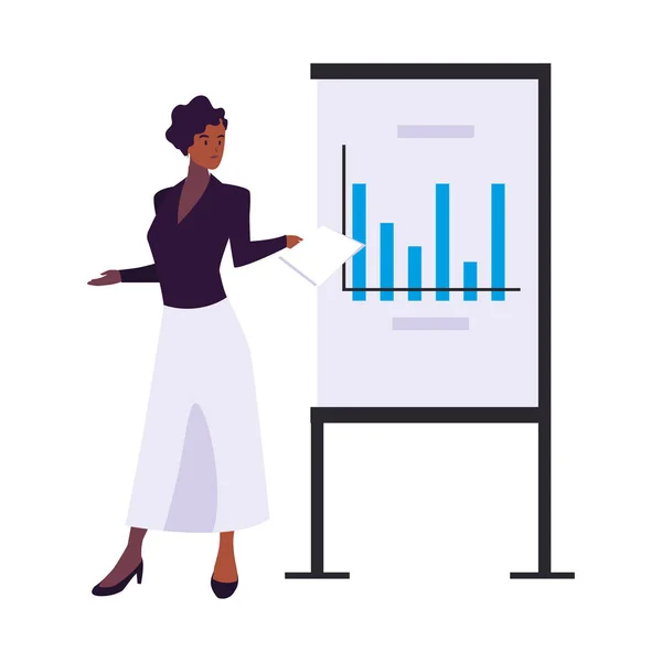 Femme d'affaires debout avec des graphiques sur fond blanc — Image vectorielle