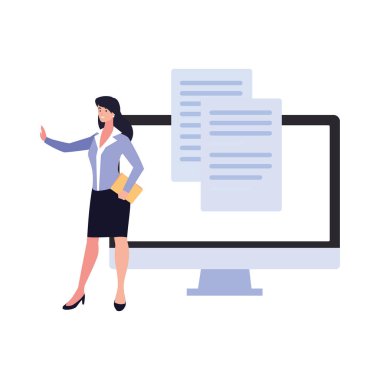 Beyaz arka planda bilgisayar ekranı olan iş kadını